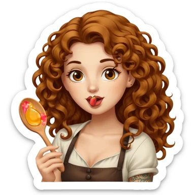 portrait woman long curly brown hair brown eyes white skin tattoos licking honey from wooden spoon, flirty sticker