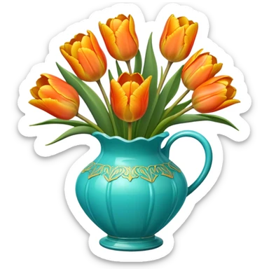 Bouquet of orange and yellow tulips in detailed, scalloped turquoise glass vase sticker
