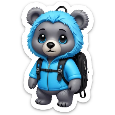 3D, adorable little Pixar style blue neon punk bear with a black backpack, ultra detailed, each lash, eye, and strand of fur is shown in stunning detail as though captured in a timeless photograph, rich textures, visually rich, so lifelike it feels like it could leap off the page at any moment sticker