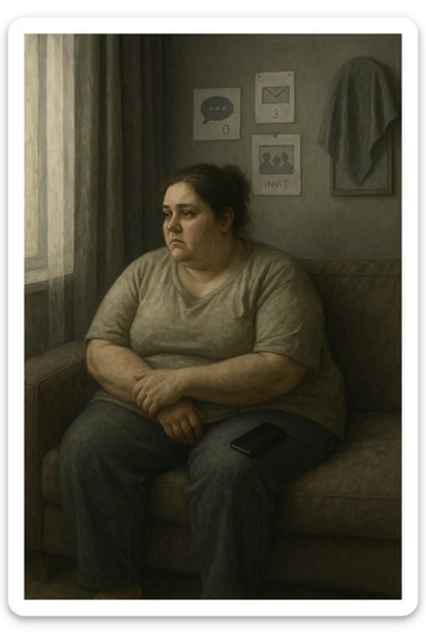 Donna tra i 30 e i 40 anni seduta sola su un divano, con espressione malinconica e corpo visibilmente appesantito. Indossa abiti larghi, avvolgenti, e guarda fuori dalla finestra mentre il telefono è spento o con notifiche ignorate accanto a lei. Sullo sfondo, si notano segnali di vita sociale assente: messaggi non letti, inviti ignorati, foto di gruppo a cui non partecipa. L’atmosfera è silenziosa, con luce grigia e ambiente spento. Intorno a lei, simboli di ritiro e insicurezza: tende chiuse, specchio coperto, postura chiusa. Stile realistico, tono delicato ed emotivo sticker