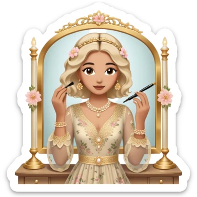 Middle Eastern-inspired moment of a woman getting ready in front of a mirror. She wears a delicate floral dress with sheer, flowy sleeves, accessorized with gold jewelry and traditional pearl-adorned hair clips. Her  as she applies mascara, her reflection revealing a soft smile.  sticker