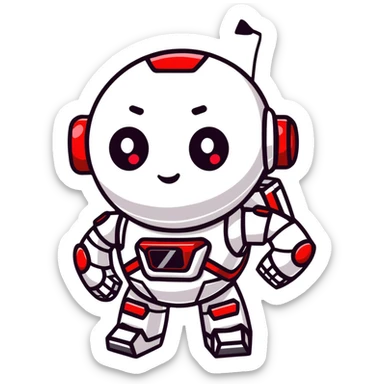 modern face of a black robot with white led eyes, red leds on robot, brave pose, smiling sticker