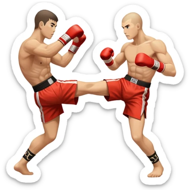 An icon showcasing a kickboxer in action, using precise techniques with both feet and elbows. One fighter delivers a powerful kick to the opponent's legs, while the other counters with an elbow strike. The background features a ring and a dynamic atmosphere. Transparent background  sticker