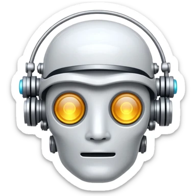 Emoji stylisé d'un cerveau robotique avec un circuit imprimé visible et un petit halo lumineux au-dessus, fond blanc sticker