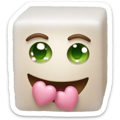 Sugar cube with granulated texture, pink hearts on cheeks, blushing smile, green and brown eyes with lashes sticker