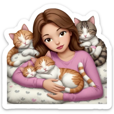 girl with long wavy brown hair, brown eyes, long lashes makeup, sexy pink lips, light to medium complexion,  sleeping on a cozy pillow, with 6 cats: 1 brown and white tabby cat, 1 ginger and white, 2 grey and white, 1 grey with white mittens and small white patch on chest and 1 calico, sleeping sticker