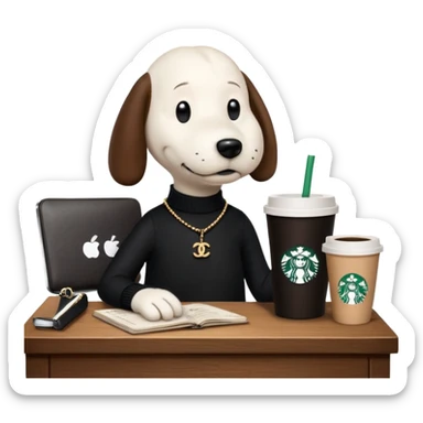 snoopy in a desk with starbucks and his chanel purse sticker