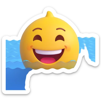 yellow smiling face emoji, happy expression, partially submerged in blue water with gentle waves around, simulating movement, dynamic and fun design sticker