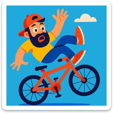 bearded guy falling off a bike, vibrant cartoon style sticker