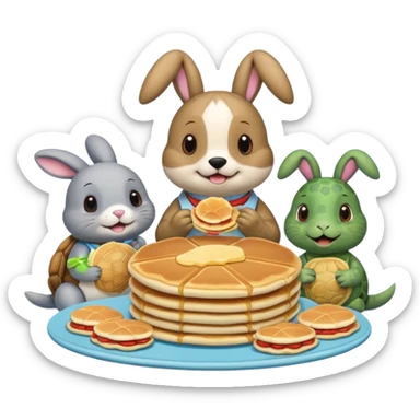 A seal, dog, bunny and turtle together eating pancakes sticker