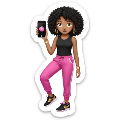 Black woman, adult, 4C black curly hair, dark brown eyes, wearing black top, pink pants, black sneakers, gold hoop earrings, iPhone emoji style sticker