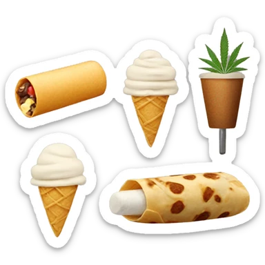Burrito emoji, ice cream emoji, dumbbell, and marijuana sticker