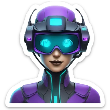 Secret humanoid agent in a futuristic hat with in Apple VR goggles headset code display on the goggles , cyberpunk, cyan and purple colors, only upper body portrait, front facing the camera  sticker