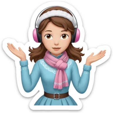 Victorian ice skater in a long dress. She is wearimg a scarf and earmuffs. She has brown hair. sticker