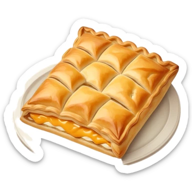 cinematic-realistic-flat burek-sa-sirom-dish-emoji,-showcasing-a-flaky-pastry-filled-with-cheese-rendered-with-crisp-textures-and-appetizing,-warm-lighting. **flat**   sticker