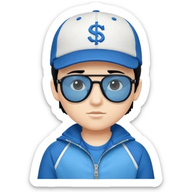 make a genmoji of a boy with a white baseball cap, black hair and a blue zipper jacket with black sunglasses sticker