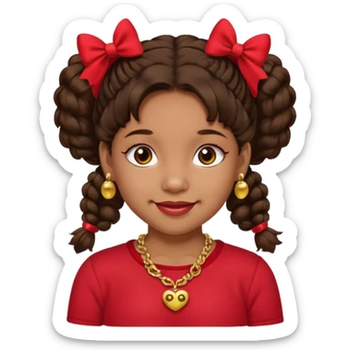 Brownskin girl dark brown hair fluffy. pigtails with red bows brown eyes smiling closed mouth red shirt gold esrrings gold necklace sticker