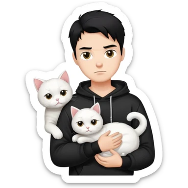 A bad boy with black hair wearing a sweatshirt holding a white cat sticker