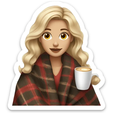 Dark blonde hair woman with brown eyes cozy plaid blanket with coffee sticker