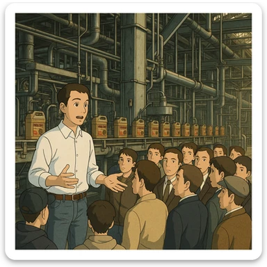 “Create a realistic industrial scene inside a modern motor-oil factory. The image must be in Instagram post size: 1080×1080 pixels, 1:1 ratio.

In the foreground, the factory director is introducing the facility. He is slightly slim, short hair, wearing a clean white men’s shirt and blue jeans, elegant appearance, using hand gestures while explaining.

In front of him, 10–12 male visitors listen attentively; they wear mixed clothing: some streetwear, some casual, some classic suits.

Background shows real production equipment, pipelines, steel structures, and conveyor lines used in motor-oil manufacturing. Use ONLY original Winiron canister design, no other brands. No label changes.

Cinematic lighting, premium look, realistic industrial atmosphere, sharp details, high-quality composition.” sticker