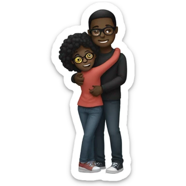 A dark black boy hugging a light black girl with glasses sticker