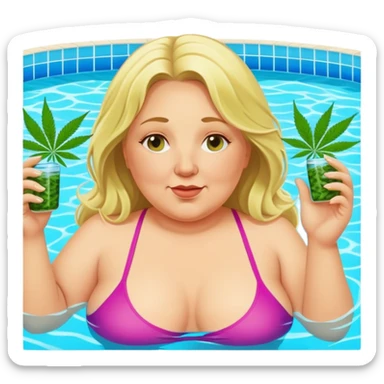 Middle aged, long blonde haired, chubby woman in a swimming pool with marijuna sticker