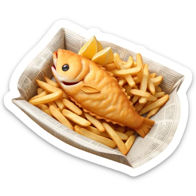 Cinematic Realistic Fish and Chips Dish Emoji, depicted with crispy golden battered fish and chunky hand‚Äêcut chips served in traditional newspaper wrapping, rendered with mouth‚Äêwatering texture and warm natural lighting that captures its quintessential British charm. sticker