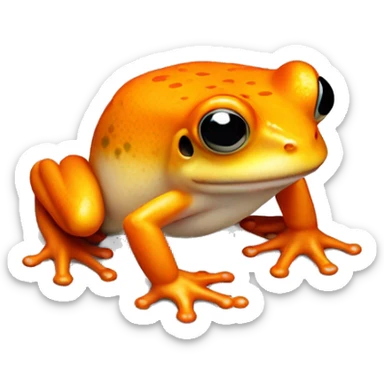 an orange frog with a white mark on its chest. the white mark should be in the shape of a flame, but there's no flame involved in the photo itself, just the shape of the fur sticker