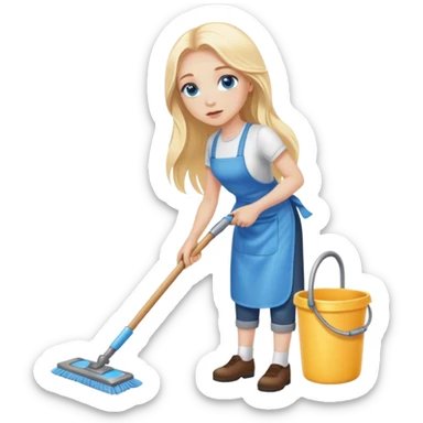 Cinematic realistic blonde with long hair, blue eyes cleans floors sticker