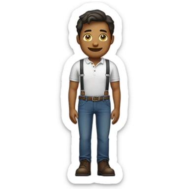 A man in heavy boots, a polo shirt, jeans and suspenders sticker