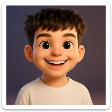 Create a 3D Memoji-style portrait with smooth plastic skin, big glossy eyes, a wide smiling mouth, oversized head, and cartoon proportions. Use vibrant colors, Pixar-like style, studio lighting, and a blurred background. The style should resemble a 3D Memoji portrait with a playful and polished look. sticker