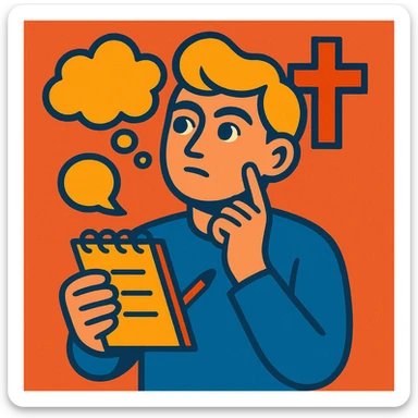 a person with a notepad, thoughtful pose, representing personal beliefs and storytelling sticker