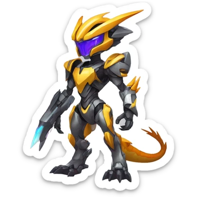 Colorful Edgy Chibi WarGreymon-Velociraptor-Genesect-Fakémon-Pokémon wearing a with a futuristic visor-helmet And Mecha-suit Full Body sticker