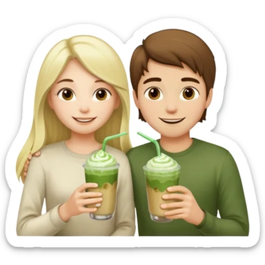 light blonde with long hair luxury girl and brown hair boy drinking ice matcha latte together sticker