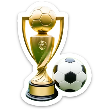 A football resting on the green grass of a soccer field, with goalposts and field markings in the background. In the foreground, the UEFA World Cup trophy gleams, symbolizing the pinnacle of football achievement, adding an element of prestige and competition to the scene. sticker
