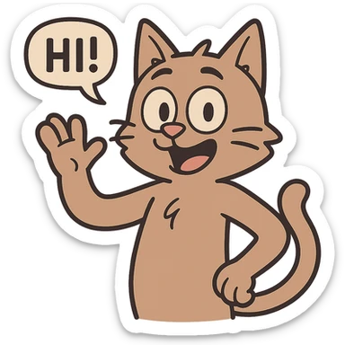 a cat waving and saying hi, friendly, simple, clear expression, cartoon style sticker