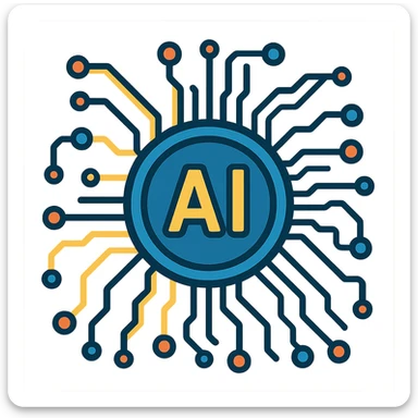 circular computer chip with 'AI' in the center, intricate circuit lines sticker