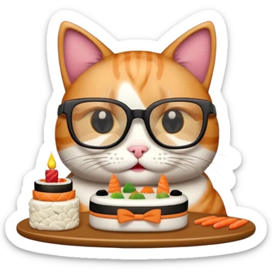 cat with cool square glasses eating a birthday cake made out of sushi sticker