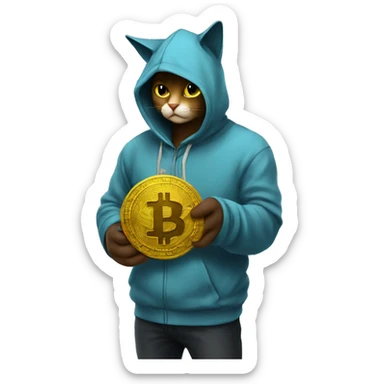 A hooded cat is holding btc in his hand  sticker