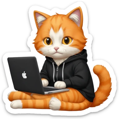 orange cat with laptop and black hoodie sticker