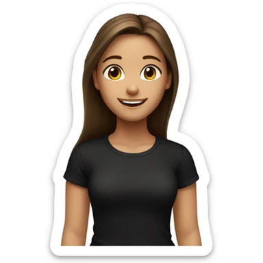 a happy girl with a black t shirt, long hair, brown eyes and brown hair, in front of a world  sticker