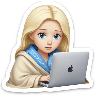blonde woman with blue eyes and blonde hair Wrapped in a blanket looking at a computer with tired face  sticker