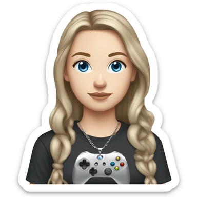 white girl, long brown hair, light blue eyes, black t-shirt, one silver chain necklace, grey joggers, white airforces and blue xbox controller  sticker