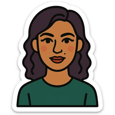 medium tanned Indian girl with black eyes, dark purple wavy medium-length hair, wearing a dark green tee shirt, mole on top of left cheek, slightly crooked nose, medium lips with dark red lipstick, eyeliner, beautiful lashes, some blush, icon style sticker