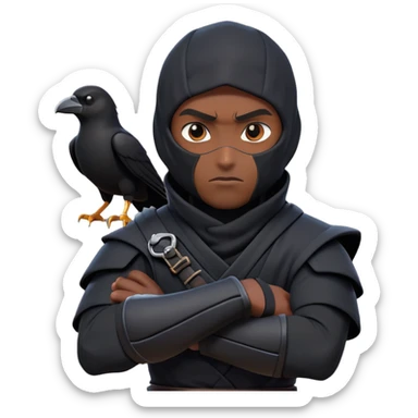 clash-of-clans-aesthetic_-cinematic-mysterious-male-ninja-portrait-emoji, rendered in a flat, vector-style with minimal shading and bold, simplified shapes, with a head slightly turned revealing intense, focused eyes. the ninja has his arm out and perched on top of his forearm is  a  giant black crow sticker