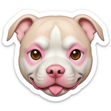 a white pit bull with a pink nose and a brown mask around its eye sticker