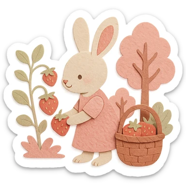 highly detailed, high quality paper craft style illustration of a bunny picking strawberries in the woods, sweet pastel red colors, intricate textures, soft lighting, delicate cut-paper details sticker