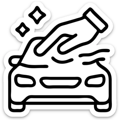 outlined icon of an elegant hand wearing a white glove on the hood of a high-end car, with water drops or shine, main color black, silver or white details, smooth motion lines suggesting cleaning, modern and clean style, no text sticker