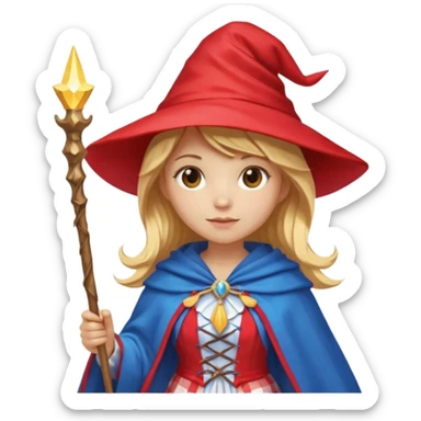 young woman mage with golden blonde hair, in a red and white gingham dress, blue cloak and pointy hat, holding a glowing staff, emoji style sticker