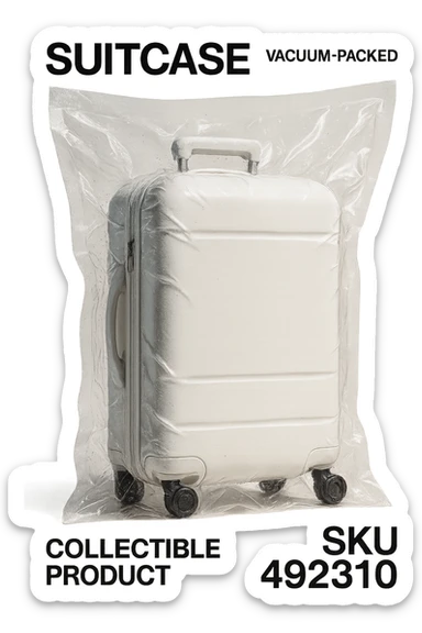 white suitcase on wheels, vacuum sealed style, angled view, soft shadows and highlights, pure white color, transparent background, no decoration sticker